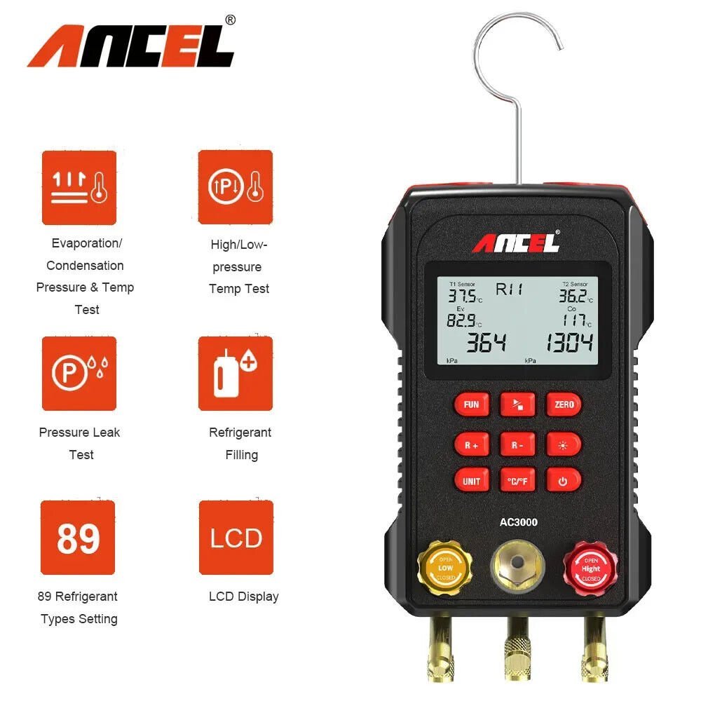 ANCEL AC3000 Digital Manifold Gauge Meter Air Conditioner Refrigerant Leak Tester car scanner